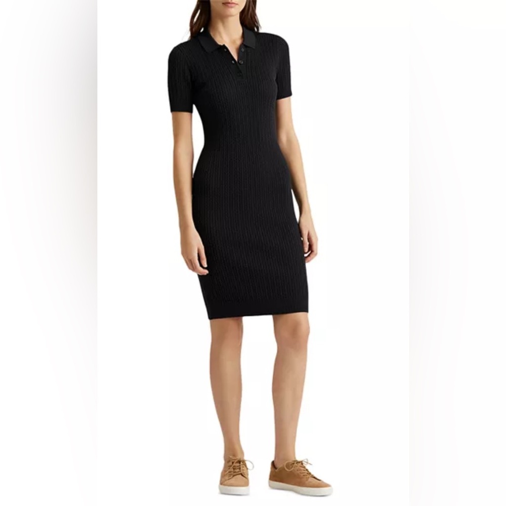 GUC Lauren Ralph Lauren Black Cable Knit Polo Dress Casual
